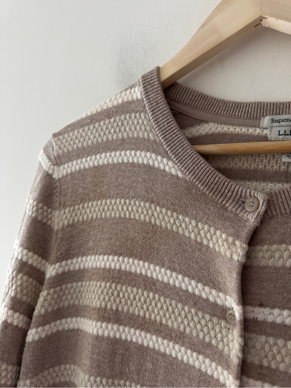 L.L.Bean Supima Cotton Striped Cardigan Sweater Beige and White - Picture 2 of 6